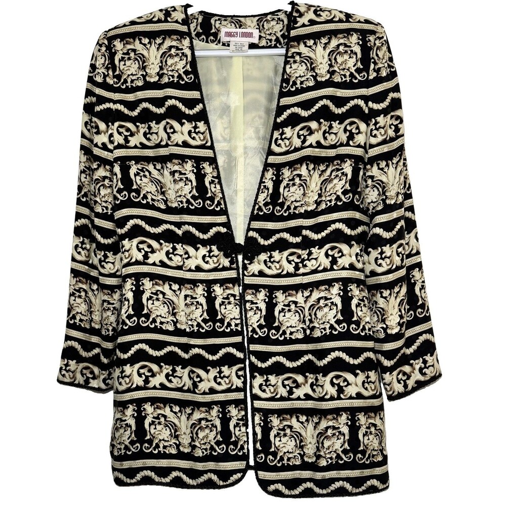 Vintage Maggy London Silk Jacket Size 10 Baroque Scarf Print Shoulder Pad